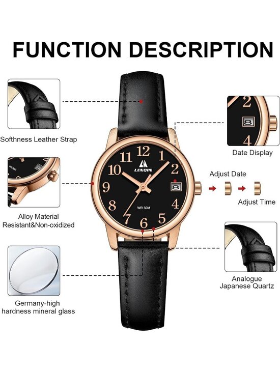 Women Black Rose Gold Leather Strap Analog Quartz Luminous Dial Waterproof Watch main image 4